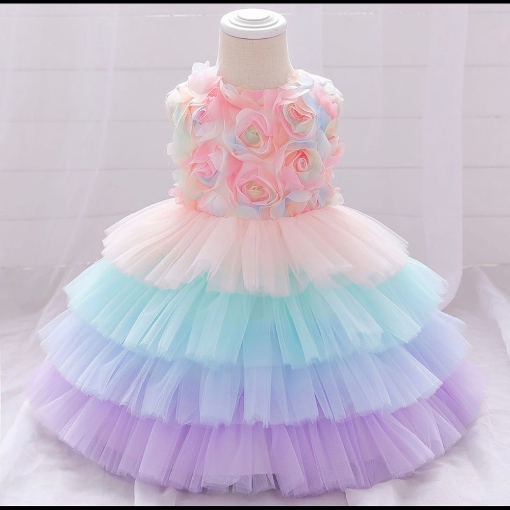 2/$20- Pastel Rainbow Floral Tulle Dress for Girls - Pink, Blue, Purple